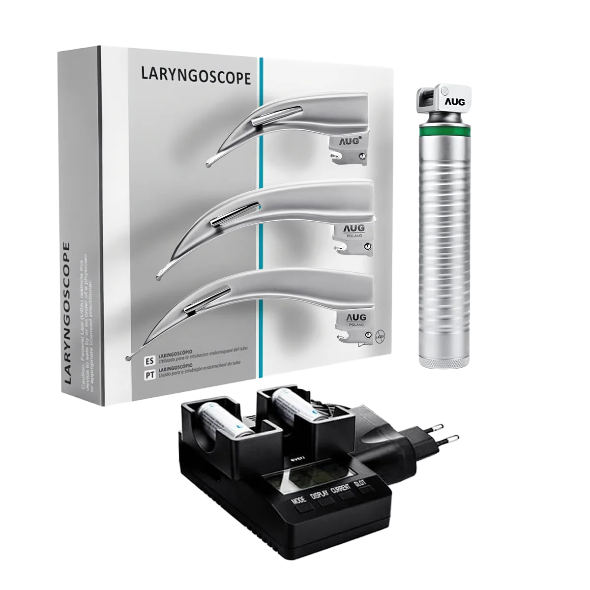 Laryngoskop światłowodowy Macintosh LED 2.5 V z ładowarką i łyżkami 2–4